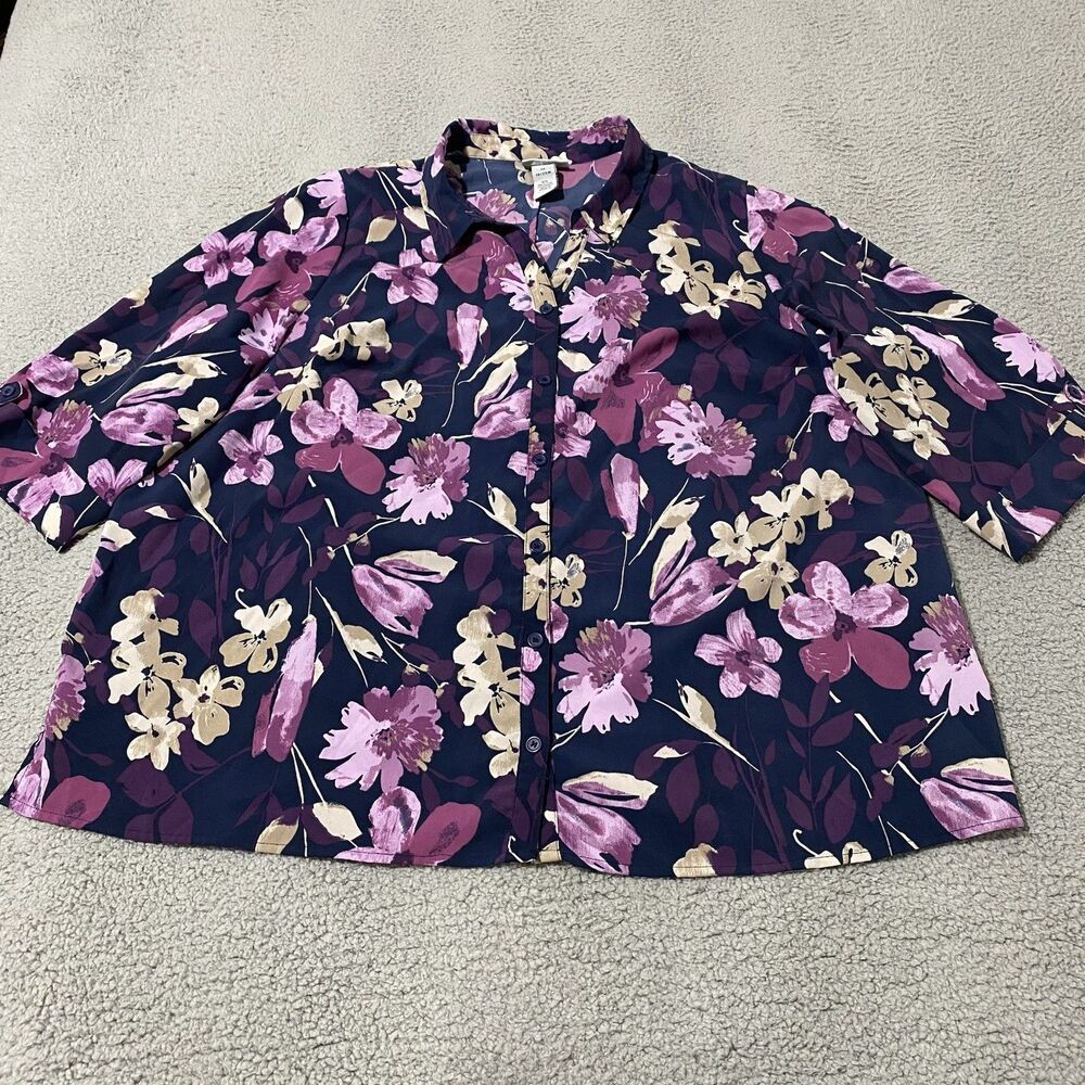 Catherines Top Women 1X 18 20W Purple Pink Blouse Floral Button Roll Tab Stretch